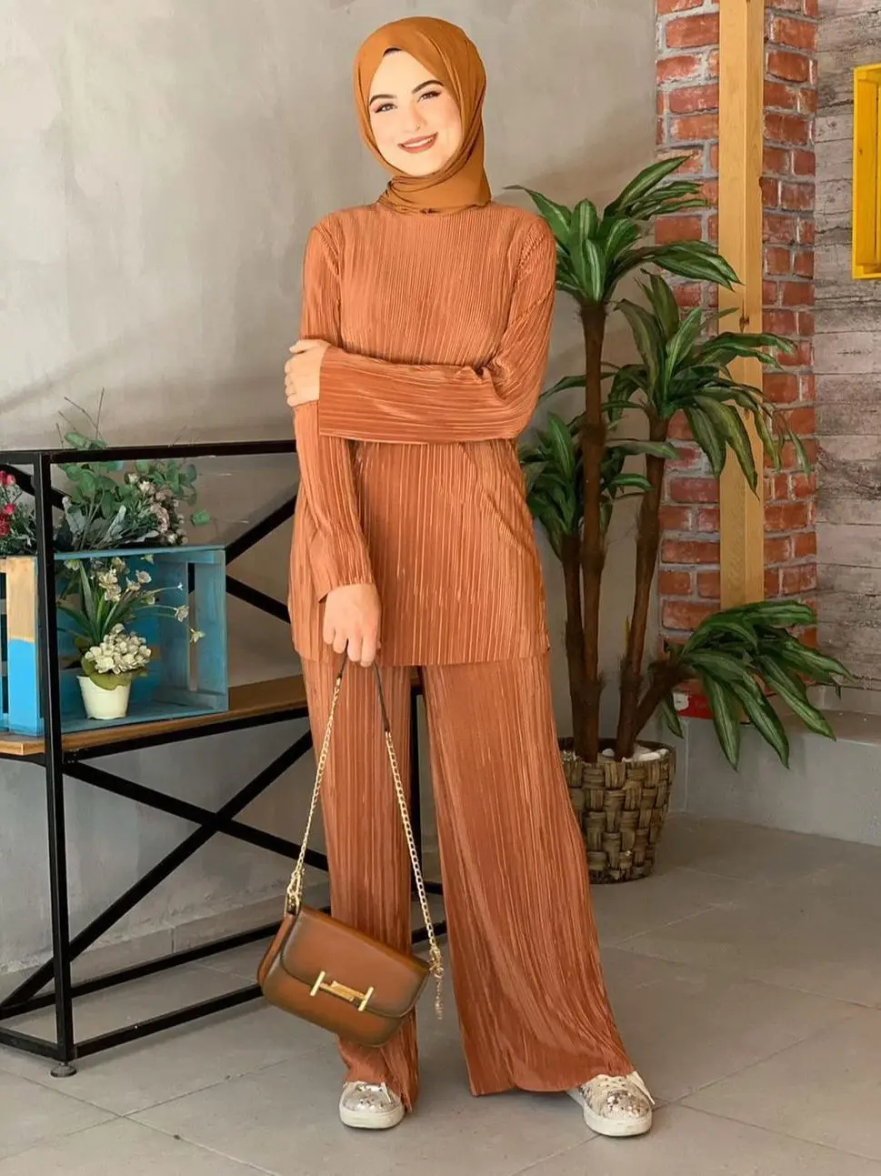 

Two-pieces Muslim Sets Abaya Elastic Pleated Tops Pants Muslim Dress Hijab Robe Dubai Caftan Kaftan Islam Clothing Suits F3012