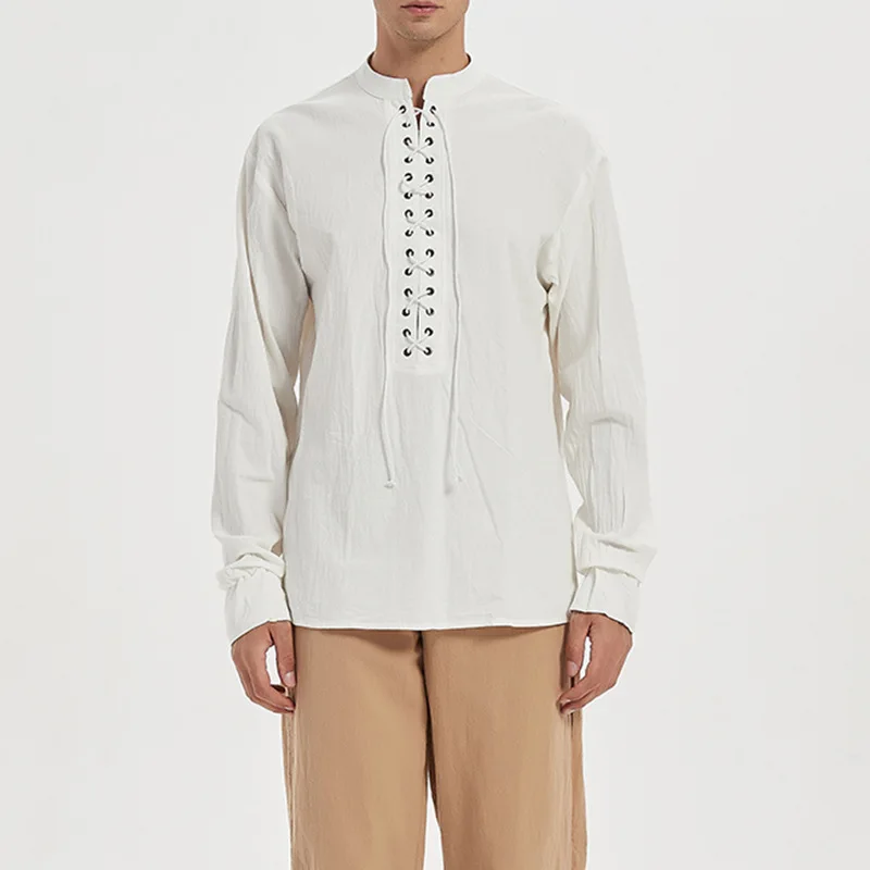 

Medieval Court Style Prince Cosplay Costume Vintage Bandage Stand Collar Long Sleeve Loose Shirt Stage Perform Drama Clothes Top