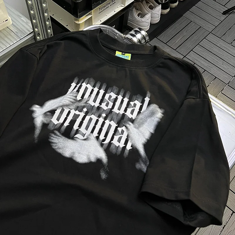 

Cotton High Street Vintage Letter Print Casual Short Sleeves Tshirts Men Women Hiphop Loose Round neckT-shirt Men Goth shirts