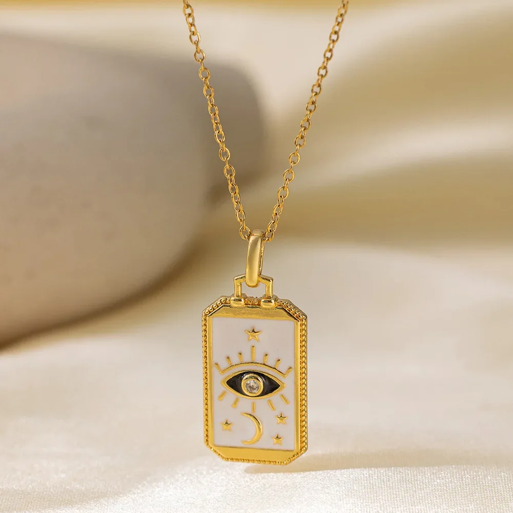 Сглаз Рука Луна Звезды Прямоугольное Ожерелье 18 К Позолоченный Цирконий CZ