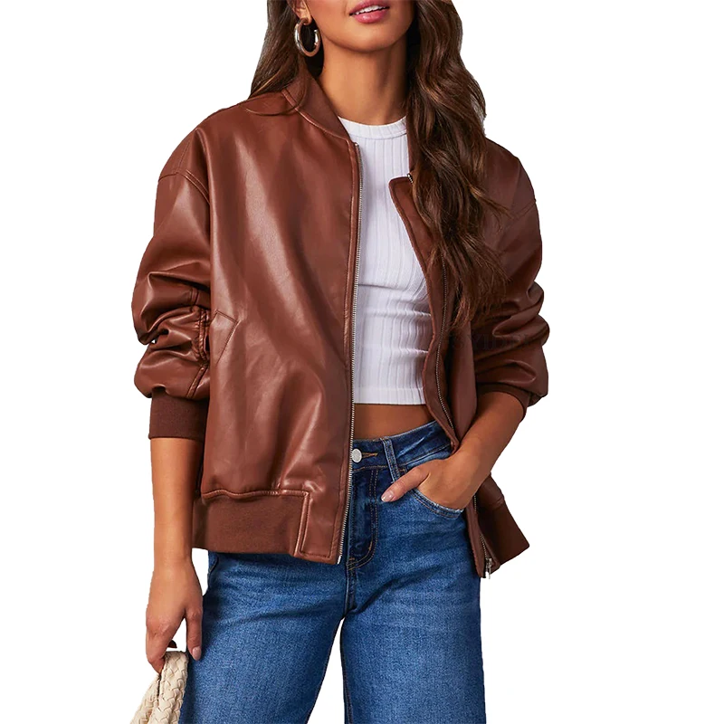 

Fashion Womens Coats Winter 2023 Pockets Loose Casual Punk Leather Jacket Female O Neck Zipper Elegant Leather Tops Ladies Brown