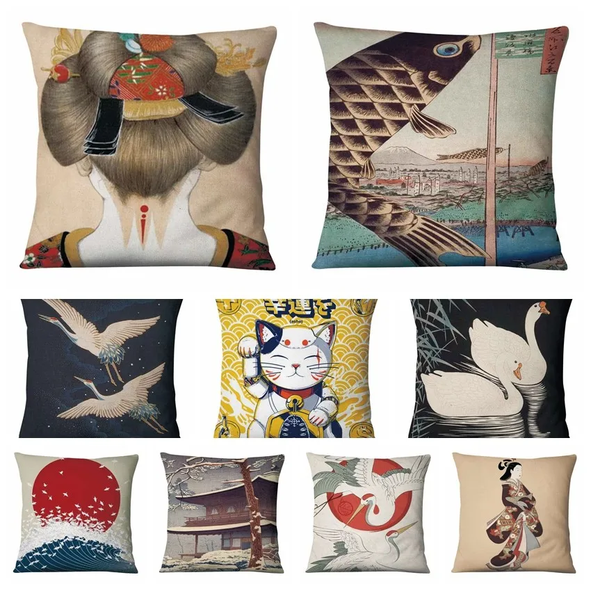 Чехол на подушку с японским рисунком гейши декоративный чехол в стиле ретро