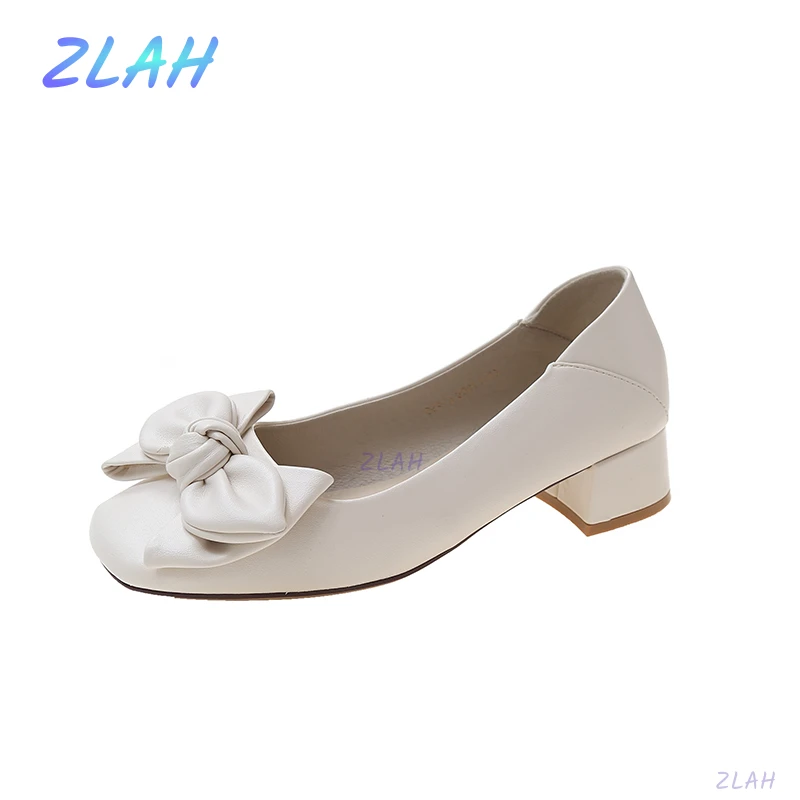 

New Women's High Heels Zlah Round Toe Women's Bow Embellished Mid Heel Party Shoes Women's Shoes All-match Women's Singles Shoes