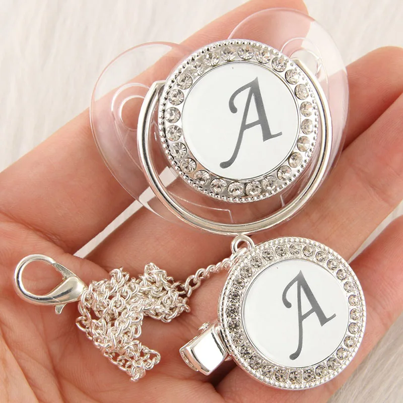 

26 Letters Silver Transparent Baby Pacifier with Clip Newborn BPA Free Luxury Bling Dummy Nipple Soother Chupeta Drop Shipping