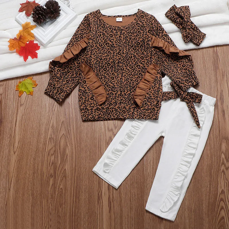 

Girls Leopard Print Ruffle Top White Trousers Hairband Three Piece Set Baby Girl Clothes Kids Boutique Clothing Wholesale