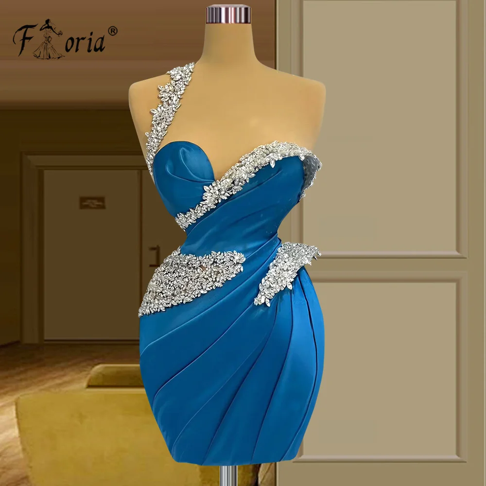 

Blue One Shoulder Short Evening Dress Satin Crystals Pleats Mini Prom Dresses Custom Made Cocktail Party Gown Robe De Soiree