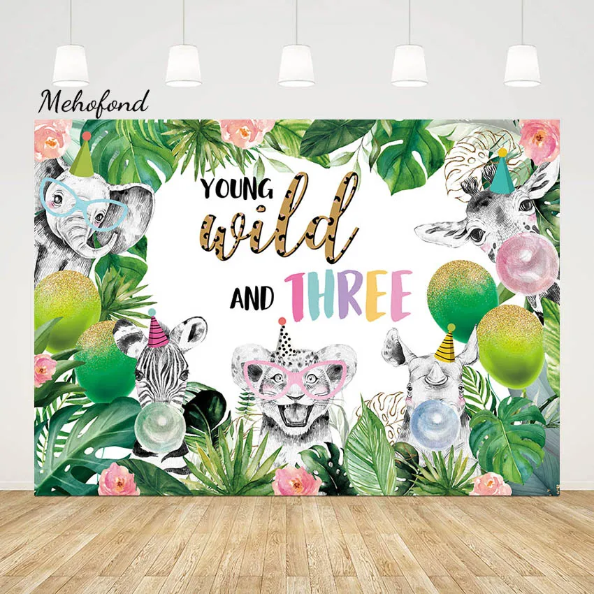 

Mehofond Young Wild And Three Photography Background Jungle Lion Newborn Baby Birthday Flower Green Leaves Decor Backdrop Photos