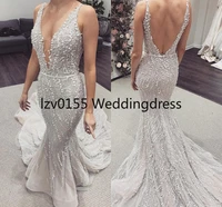 sexy silver deep v neck mermaid wedding dresses full lace appliques open back spaghetti plus size bridal gown