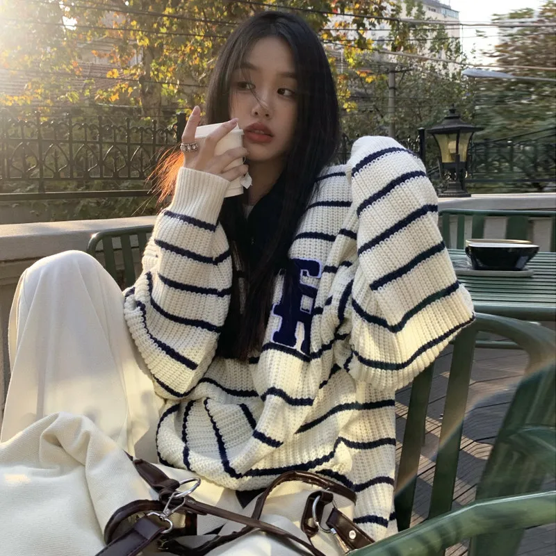 

Street Fashion Lazy Girl Loose Long Sweater Chic O Neck Striped Letter Knit Pullover Top Long Sleeve Oversize Casual Knitwear