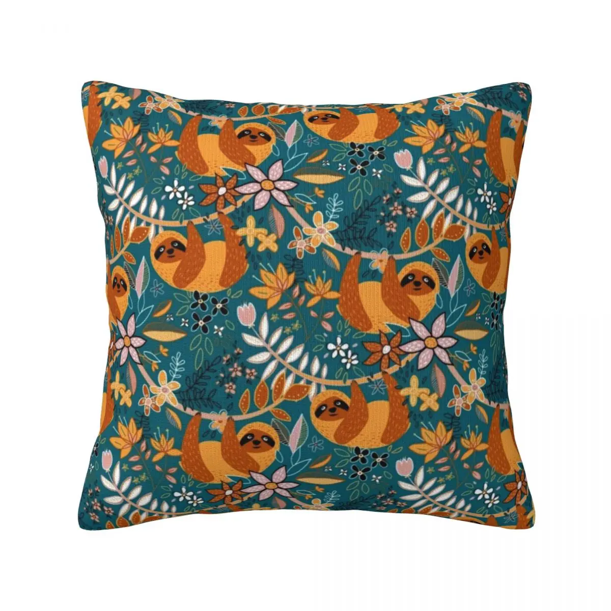

Happy Sloths Pillow Case Boho Floral Print Home Decor Zipper Pillowcase Spring Colored Polyester Cover