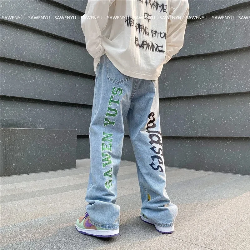 Hip Hop Fashion Trends Letter Printing Jeans For Men High Street Blue Black Jeans Homme Loose Straight Hearts Pants Moto Trouse