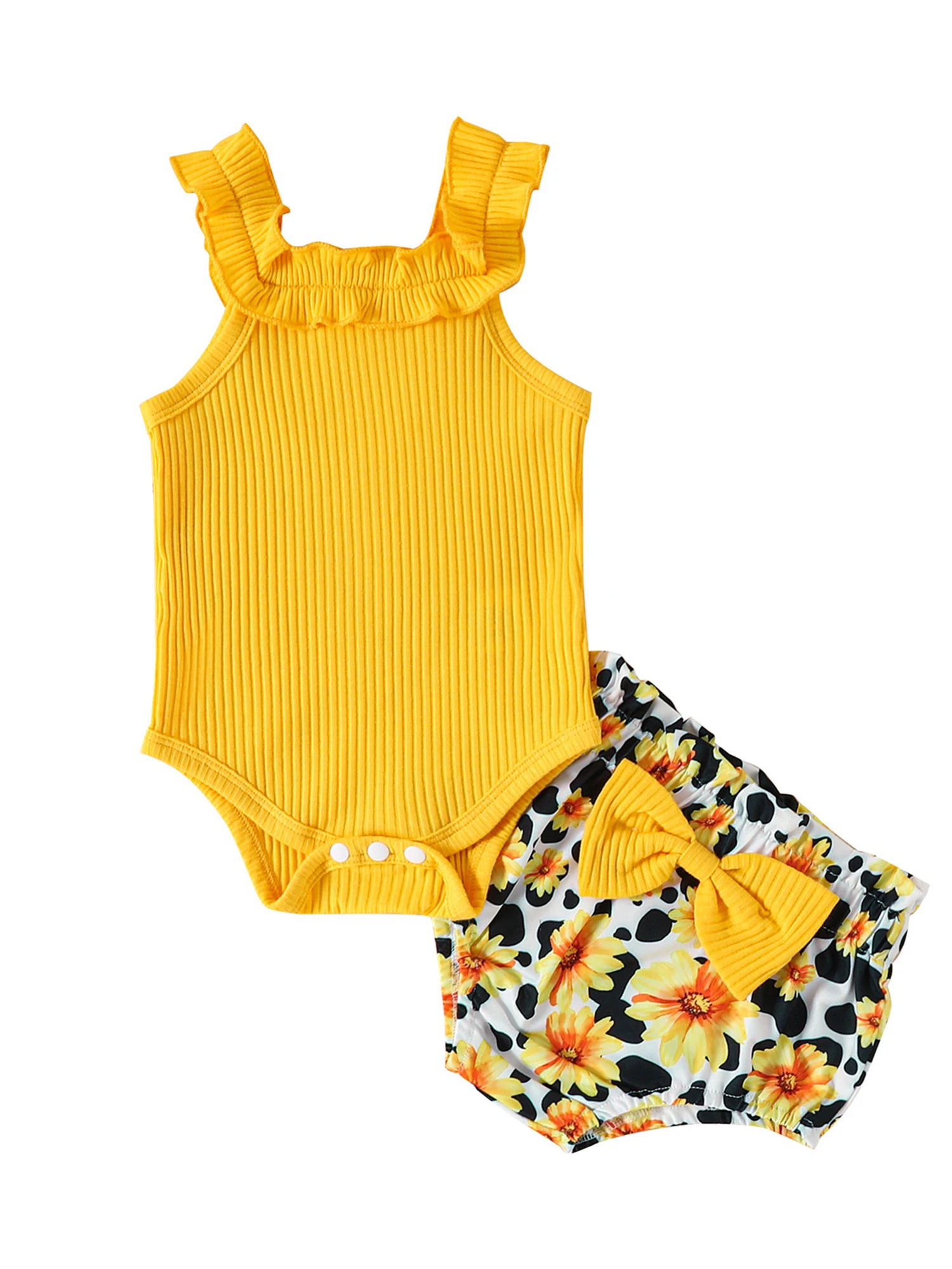 

Очаровательный летний наряд для маленьких девочек, комбинезон с цветочным принтом и ребристым трикотажным и без рукавов, боди на бретелях в комплекте с