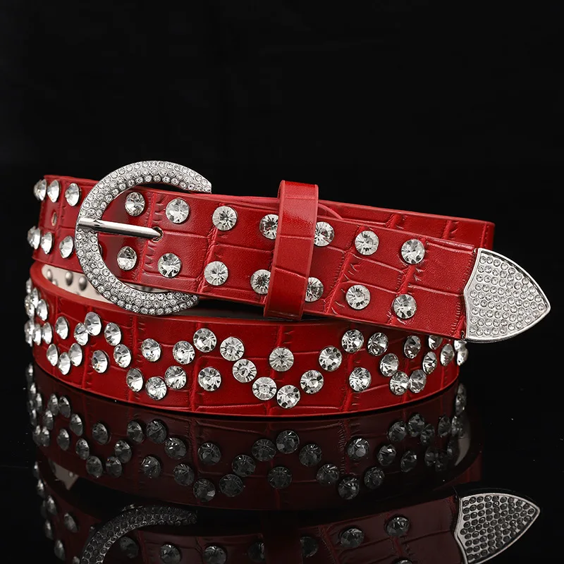 

Stone Pattern Solid Color Rhinestone Leather Belt For Ladies Stylish High Quality Design Alloy Belt Buckle And Round Head Pin