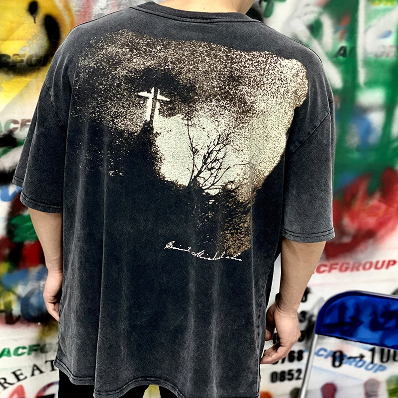 Тяжелая ткань хлопок лучшее качество винтажная мытая Черная футболка Топ для