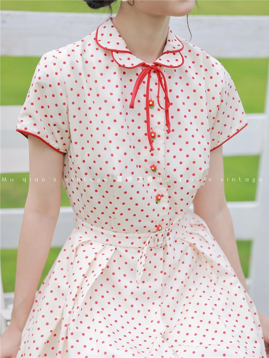 

Spring Summer Original Design Women 1950s Vintage Inspired Red Polka Dots Bow Cute Romantic Flowy Dresses