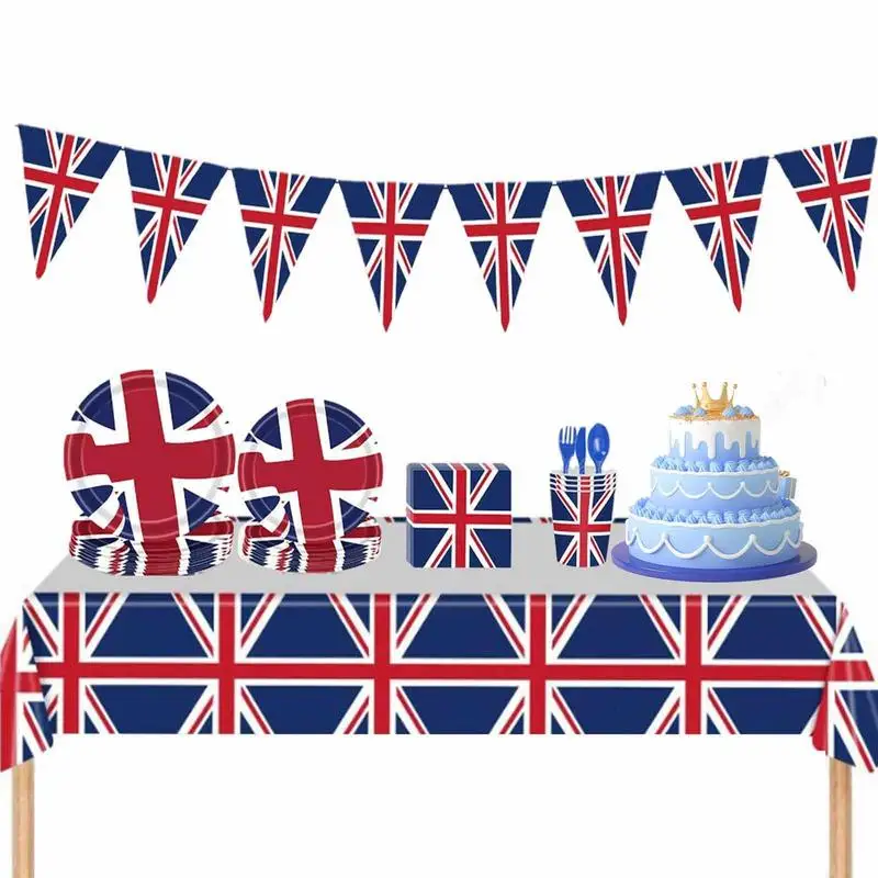 

British Party Decorations Union Jack Party Supplies Set 114Pcs England Party Decorations Plates Napkins Cups Tableware Kit For