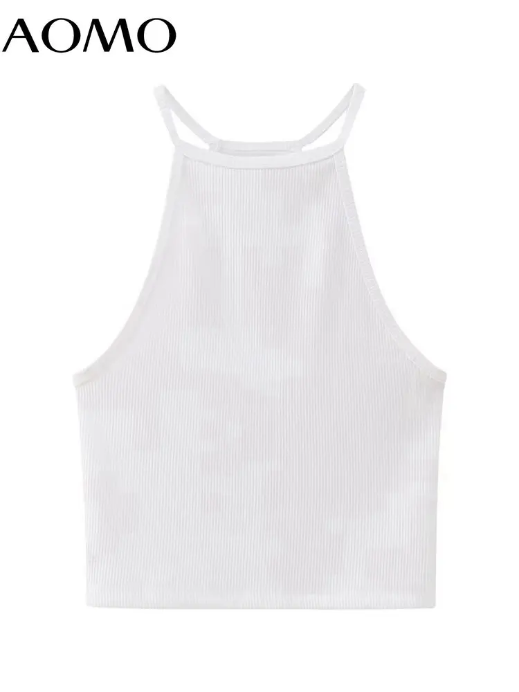 

AOMO 2023 Summer Women Sexy White Knitted Cropped Tank Camis Top BE476A