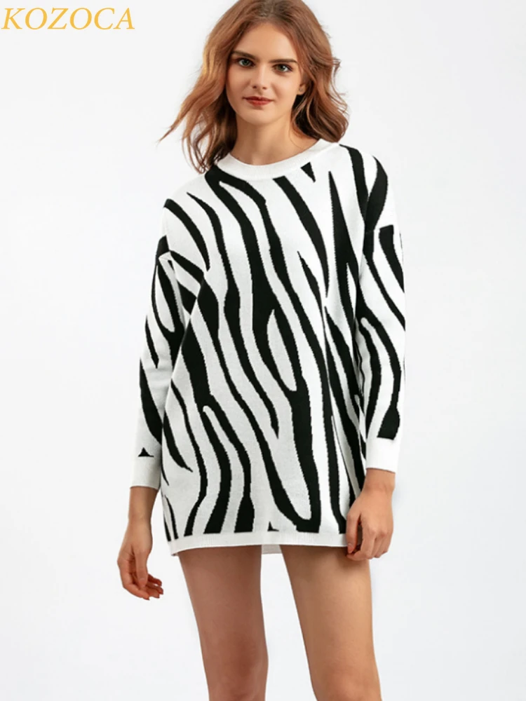 

Kozoca Autumn Winter Zebra Pattern Fashion Long Loose Knitted Mercerized Cotton Pullover Sweater Women O-Neck Oversized Sweater
