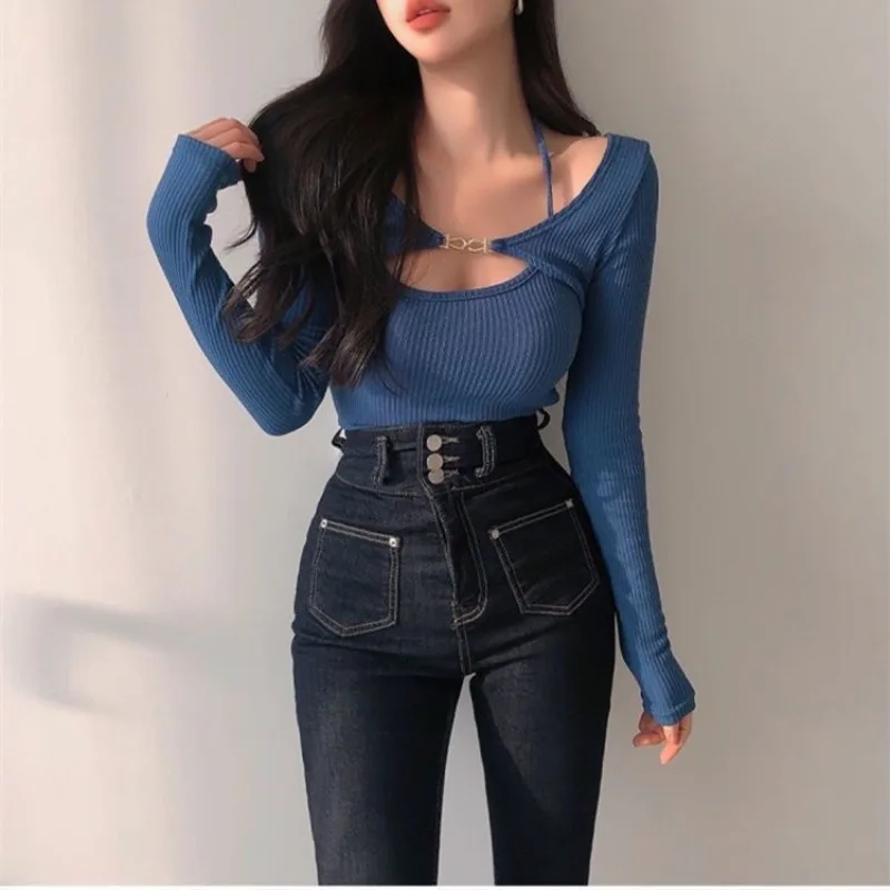 Фото Комплекты 3XL, женские тонкие майки с лямкой на шее, топы с длинными рукавами, комплект из 2 предметов, корейский стиль, сексуальная модная укороченная весенняя женская одежда Y2k №3