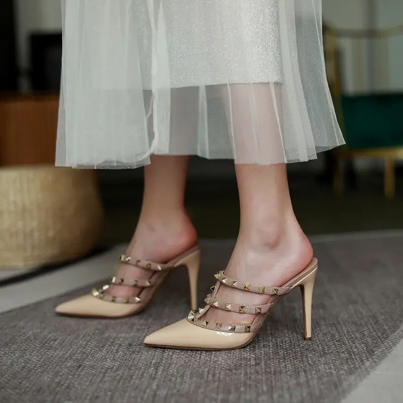 New Summer Rivet Stiletto Sandals With Pointed Toe, Fashionable Women's Sandals Classic Luxury Patent Leather Daily High Heels41