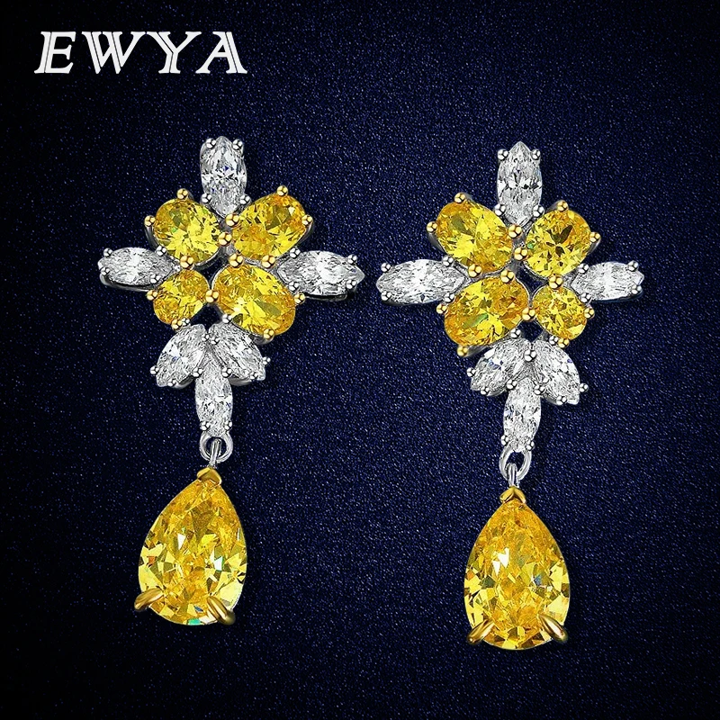 

EWYA 925 Sterling Silver Earrings Yellow Water Drop High Carbon Diamond Earrings for Women Wedding Birthday Party Gift Jewelry