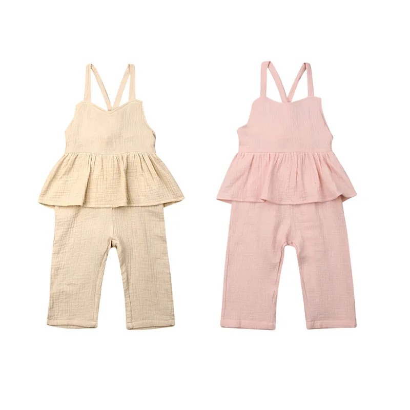 

2020 2Pcs Summer Kids Baby Girl Jumpsuit Cotton Outfits Ruffle Sleeveless Strap Vest Long Pants Solid Color Romper 1-6Y