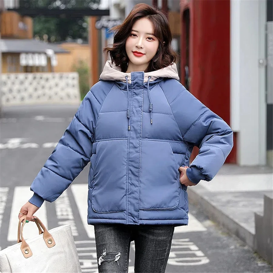 Oversized Winter Hooded Warm Thicken Fluffy Women Jacket Short Basic Solid Parka Loose Korean Coat Waterproof Snow Wear Outwear