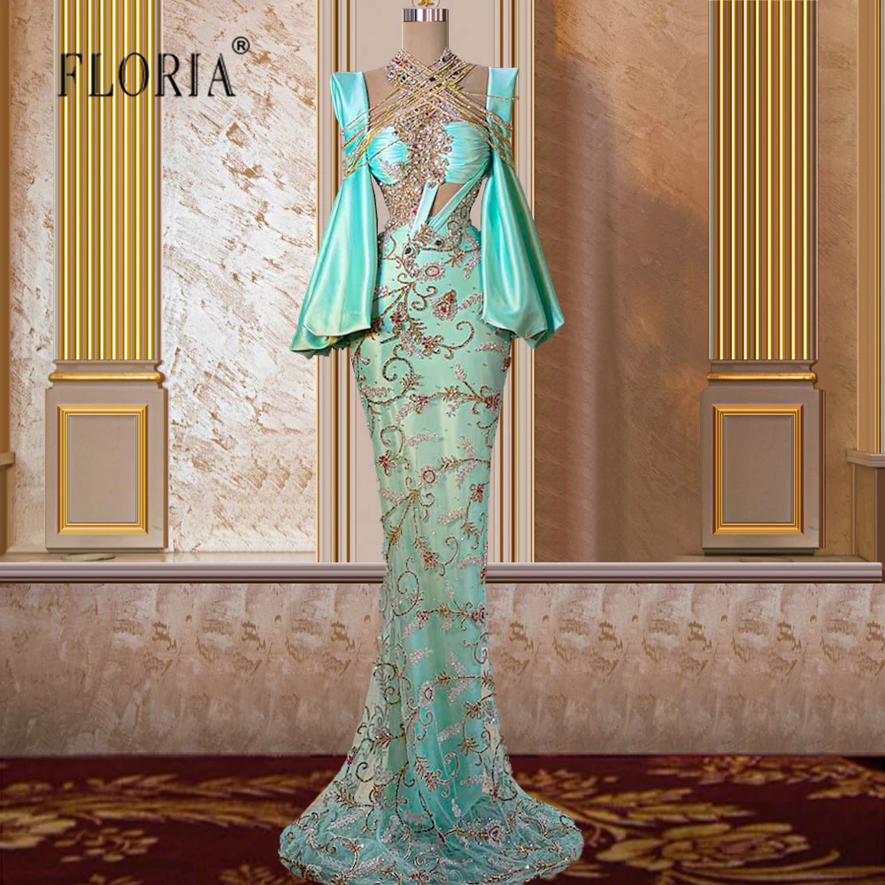 Женское вечернее платье-русалка зеленое облегающее платье с рукавами-фонариками