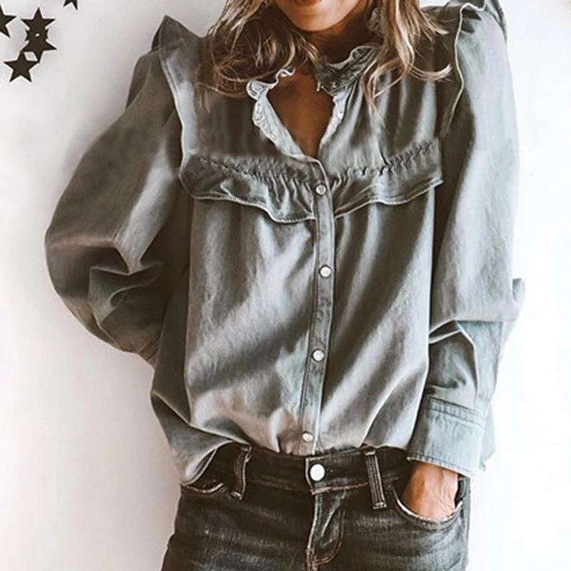 Рубашка женская джинсовая с оборками милый пуховик длинным рукавом на пуговицах
