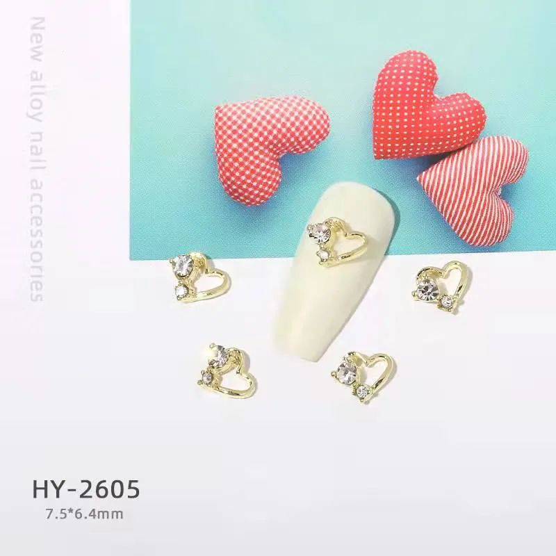 100pcs Pink-Love-Heart Nail Crystal Charm Alloy Valentine Crystal Golden Gilding Nail 3D Press On Heart Luxulry Nail Decoration enlarge