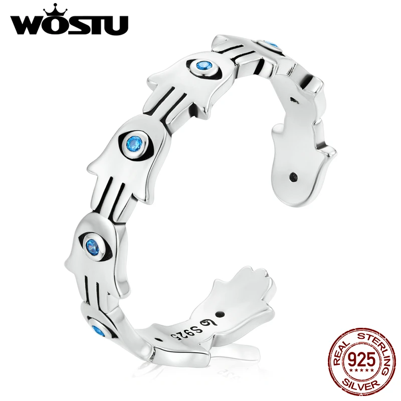 

WOSTU 925 Sterling Sliver Adjustable Fatima Hand Pattern Blue zircon Open Rings For Women Female Original Jewelry CTR237