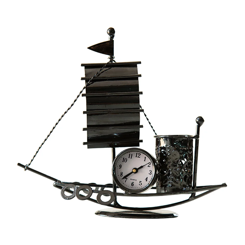 

Sailboat Pen Boat Ornament Stationery Organizer Holder Model Decor Sea Beach Design Office Retro Sailing Clock Table Metal Stand