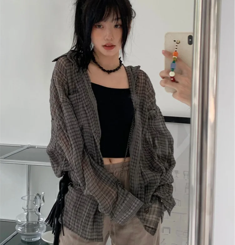 

Blouse Women 2023 Spring Summer Plaid Shirt Loose Large Size Long Sleeve Blouse Women Casual Fashionable Womens Tops