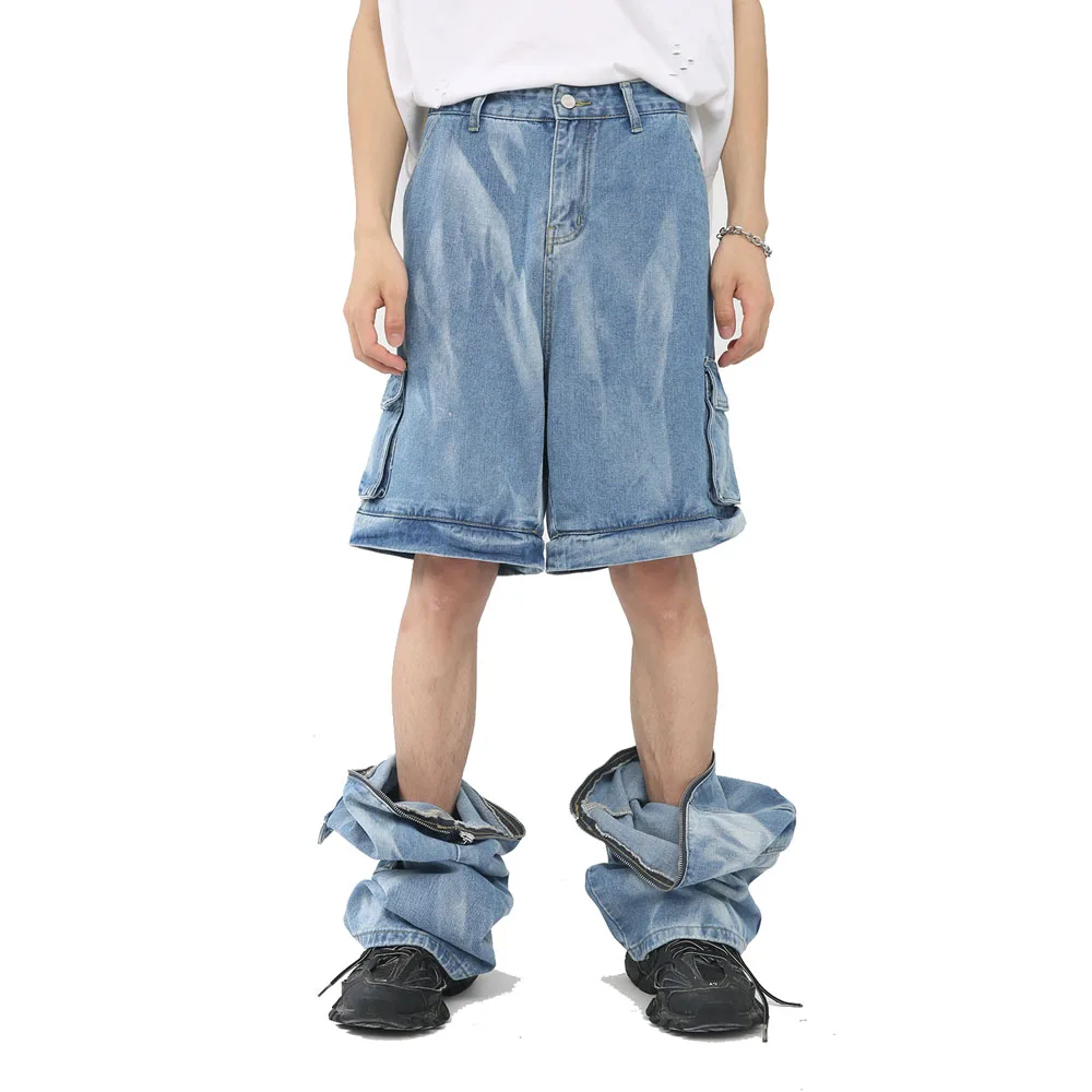 

Detachable Leg Jeans Men Streetwear Fashion Hip Hop Loose Casual Vintage Denim Jeans Pants 2 Style Cargo Jeans Trousers Male