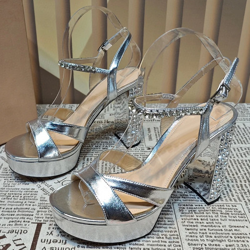 

Sexy High Heel Sandals Summer New Round Head Open Toe Female Platform Sandals Cross Belt Upper Design Crystal Decor Women Pumps