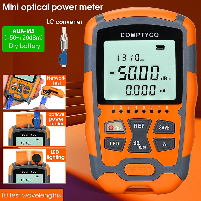 FTTH Fiber Optic Power Meter AUA-M5/M7 LED Light SC/FC/ST Universal Connector -50~+26dBm Fiber Optical Tester