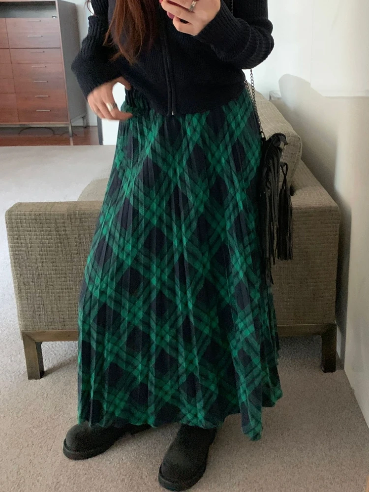 Осень-зима 2024 зеленая плиссированная юбка в складку Женская клетчатая