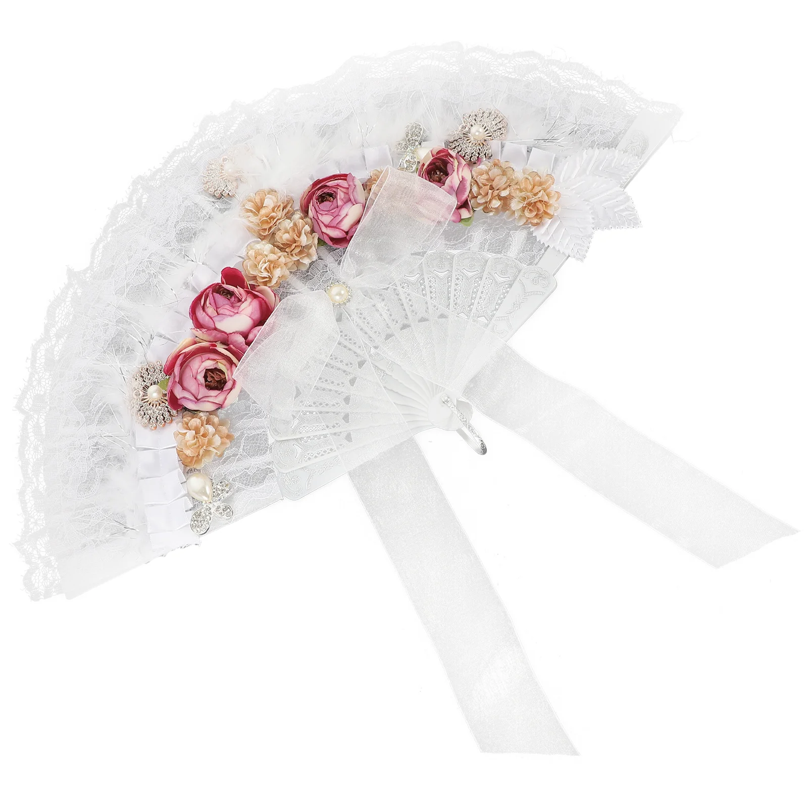 

Flowers Foldable Fans Wedding Festival Decor Women Handheld Bridal European Stage Show Performance Lace