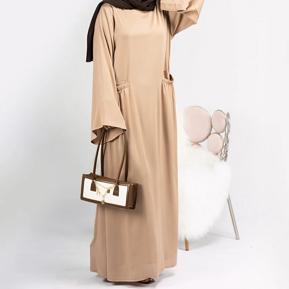 Muslim Woman Abaya Hijabs Dresses Turkey Dubai Islamic Clothing Moroccan Caftan Solid Color Loose Pocket Flared Sleeve Robe