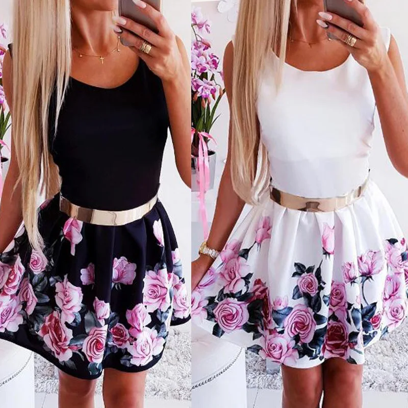 

Женское мини-платье с круглым вырезом, без рукавов, с принтом