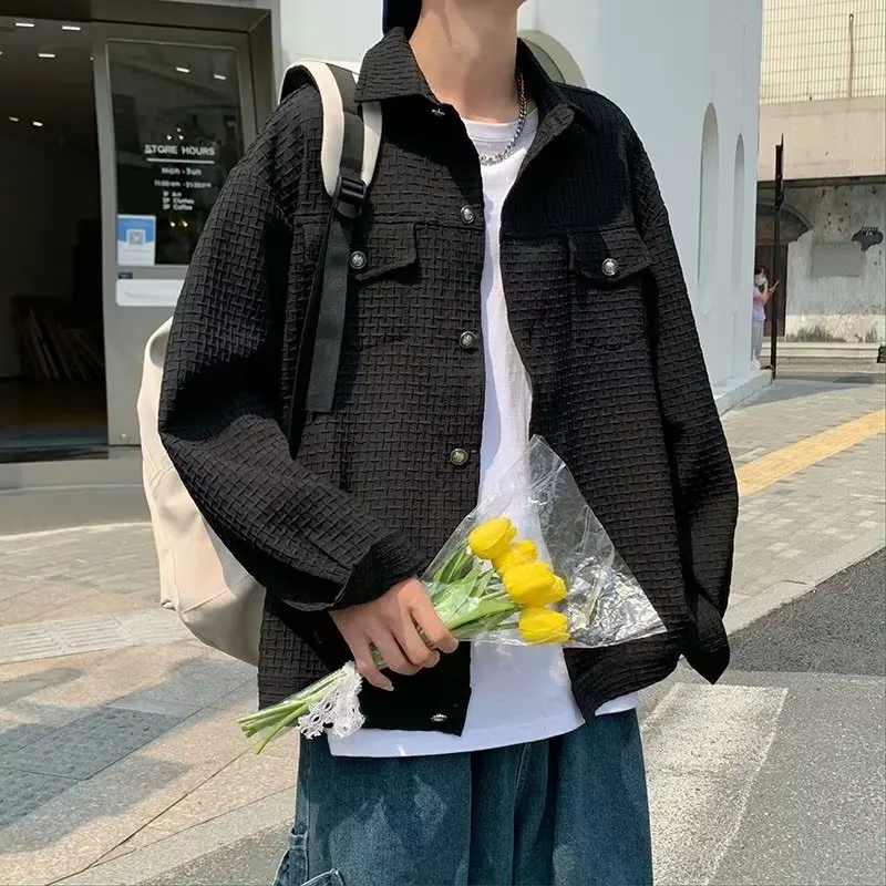 

7209 Autumn Men's Plaid Long Sleeve Shirt Solid Color Turndown Collar Male Blouse Fashion Single Breasted Men Shirt Jackets