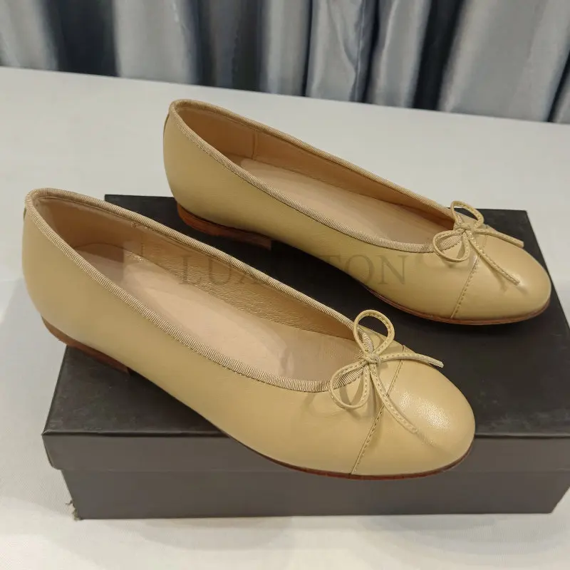 Designer Shoes Women Genuine Leather Bowknot Flats Single Fashion Lady Round Toe Light Loafers Ballet Zapados Mujer Size 34-42
