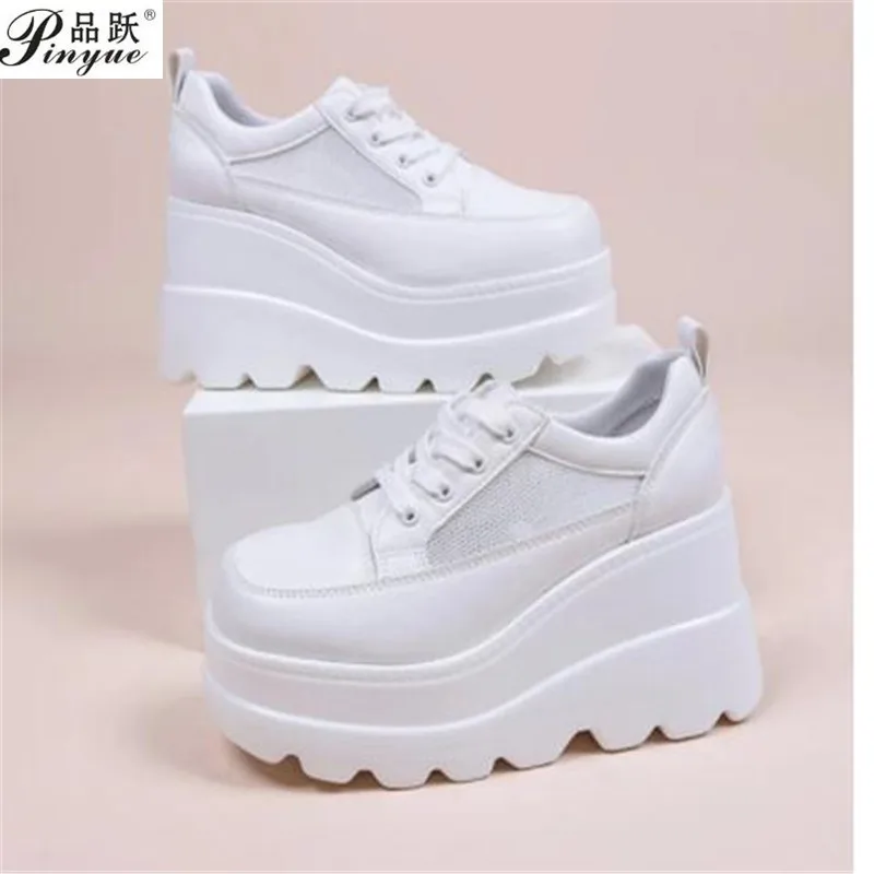 

White Shoes Women Lace Up Genuine Leather Wedges High Heel Pumps Shoes Female Breathable Chunky Platform Fashion Sneakers
