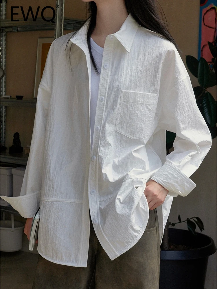 

EWQ 2023 Autumn New Spliced Design Solid Shirt For Women Lapel Single Breasted Long Sleeve Fashion Female Blouses 26D5528