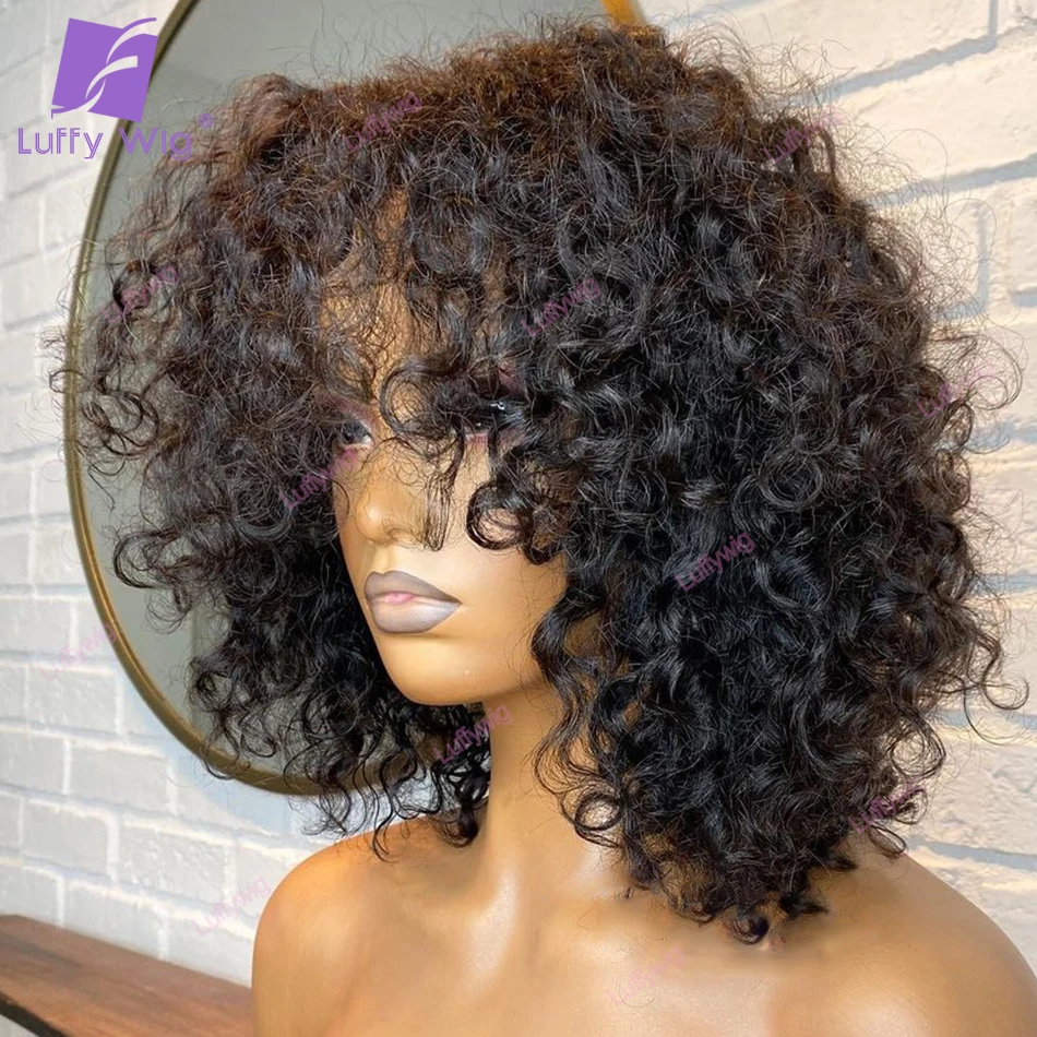 

Short Curly Human Hair Wig With Bangs Brazilian Remy Scalp Top Bouncy Curly Bob Wigs Glueles 200 Density For Black Women Luffy