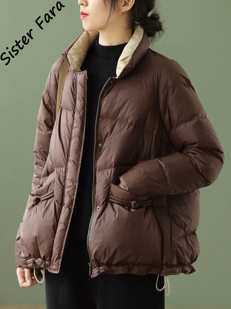 

Sister Fara Winter New Down Parka Fashion Lightweight Down Jacket Women Stand-Up Collar Loose Button Zipper Jakcet Coat