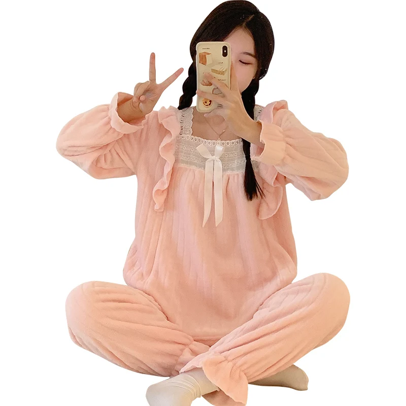 Фланелевый зимний пижамный комплект для женщин пижама с длинным рукавом ночная