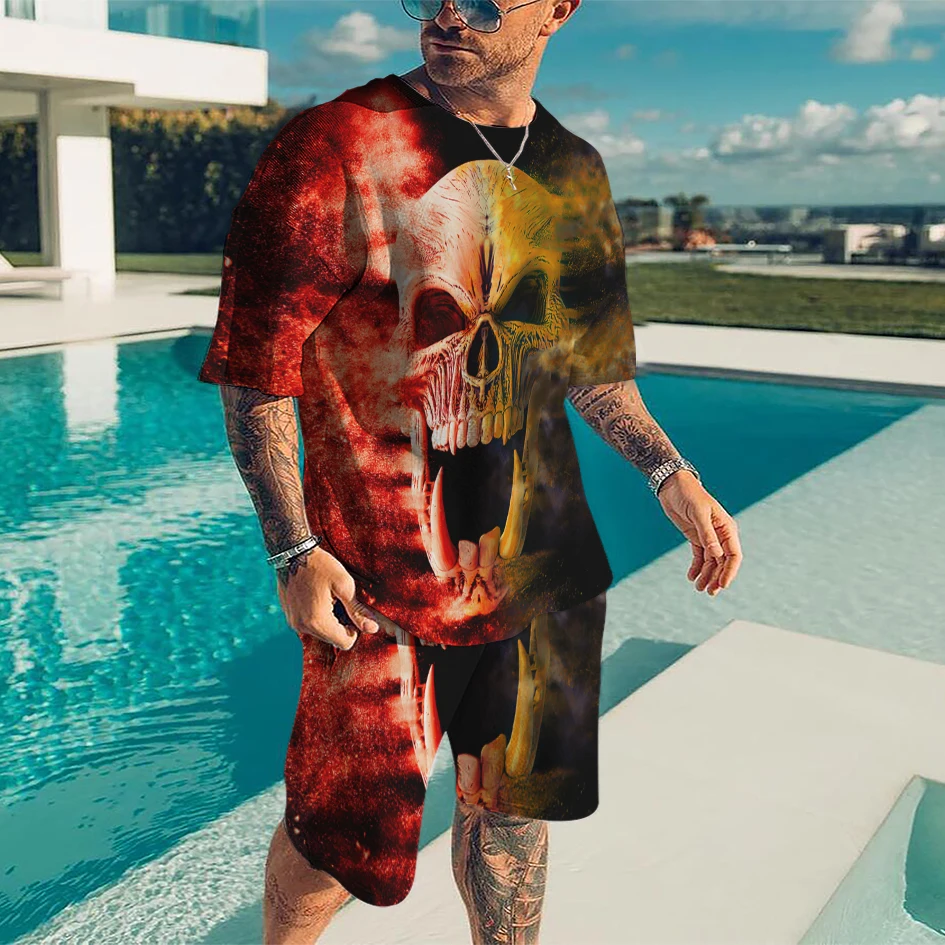 

Summer Men's Clothes Suit 3D Printing Fashion Short-Sleeved T-shirt 2 Piece Set Oversized Tshirts Set Skull Sportswear Tracksuit