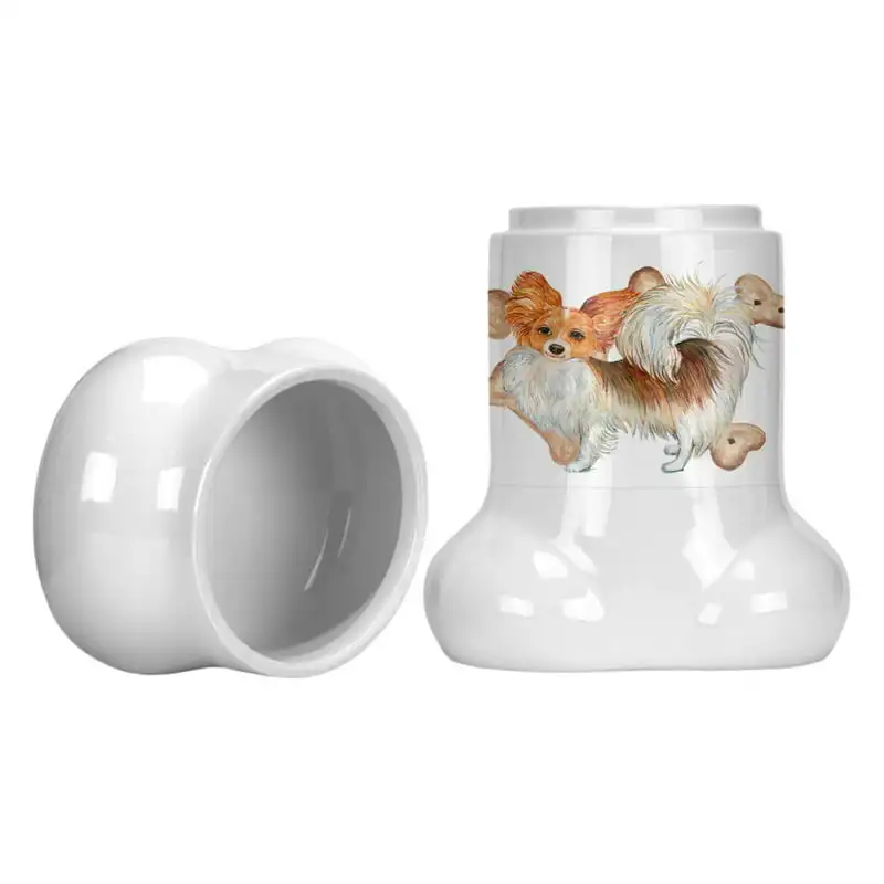 

Lovely Multicolor Papillon Puppy Bone Shaped Treat Jar, Perfect for Dog Treats and Accessories Storage.
