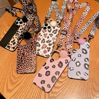 animal leopard print soft rubber imd lanyard fur ball phone case cover for iphone 7 8 plus 11 13 pro max 12 x xr xs max skin